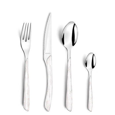 Weißes ECLAT NATURE Besteckset von Amefa, 24-teilig, inklusive Messer, Gabel, Löffel, für elegante Tischdekoration.
