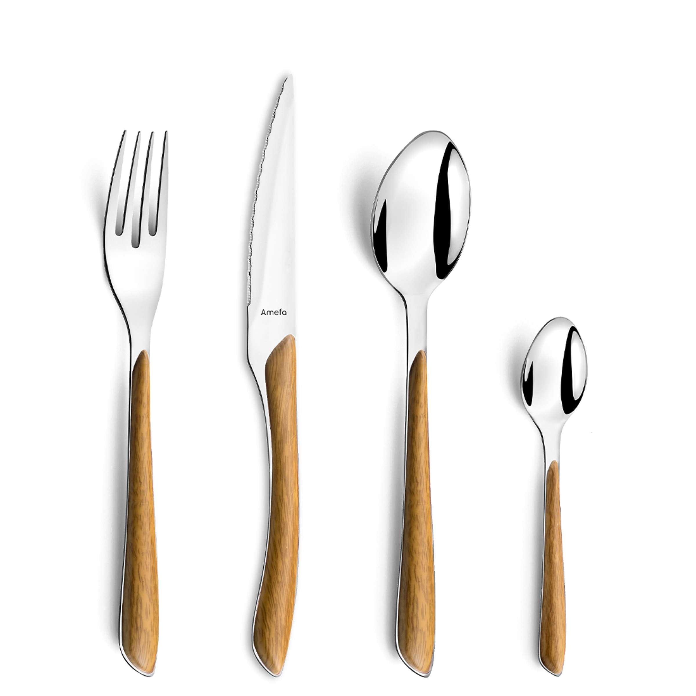 Amefa ECLAT NATURE Besteckset 16-teilig aus Holz, Messer, Gabel und Löffel auf weißem Hintergrund.
