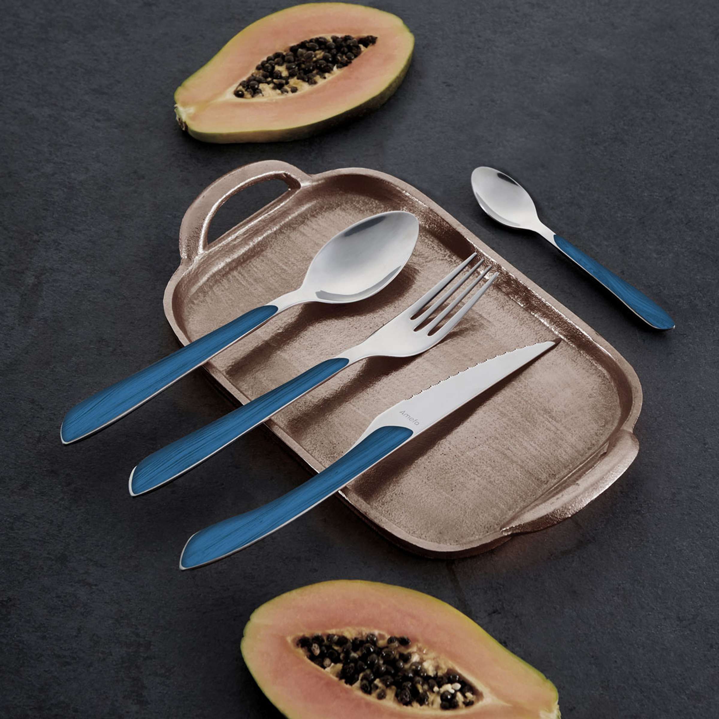 Amefa ECLAT NATURE Besteckset 24-teilig aus Holz-Optik, blau, mit Gabeln, Messern und Löffeln, stilvolles Geschirr für den Alltag