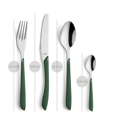 Kuppels PRISMA Besteckset 24-teilig in tannengrün mattiert, besteht aus Messer, Gabel, Löffel und Teelöffel, elegant und modern.