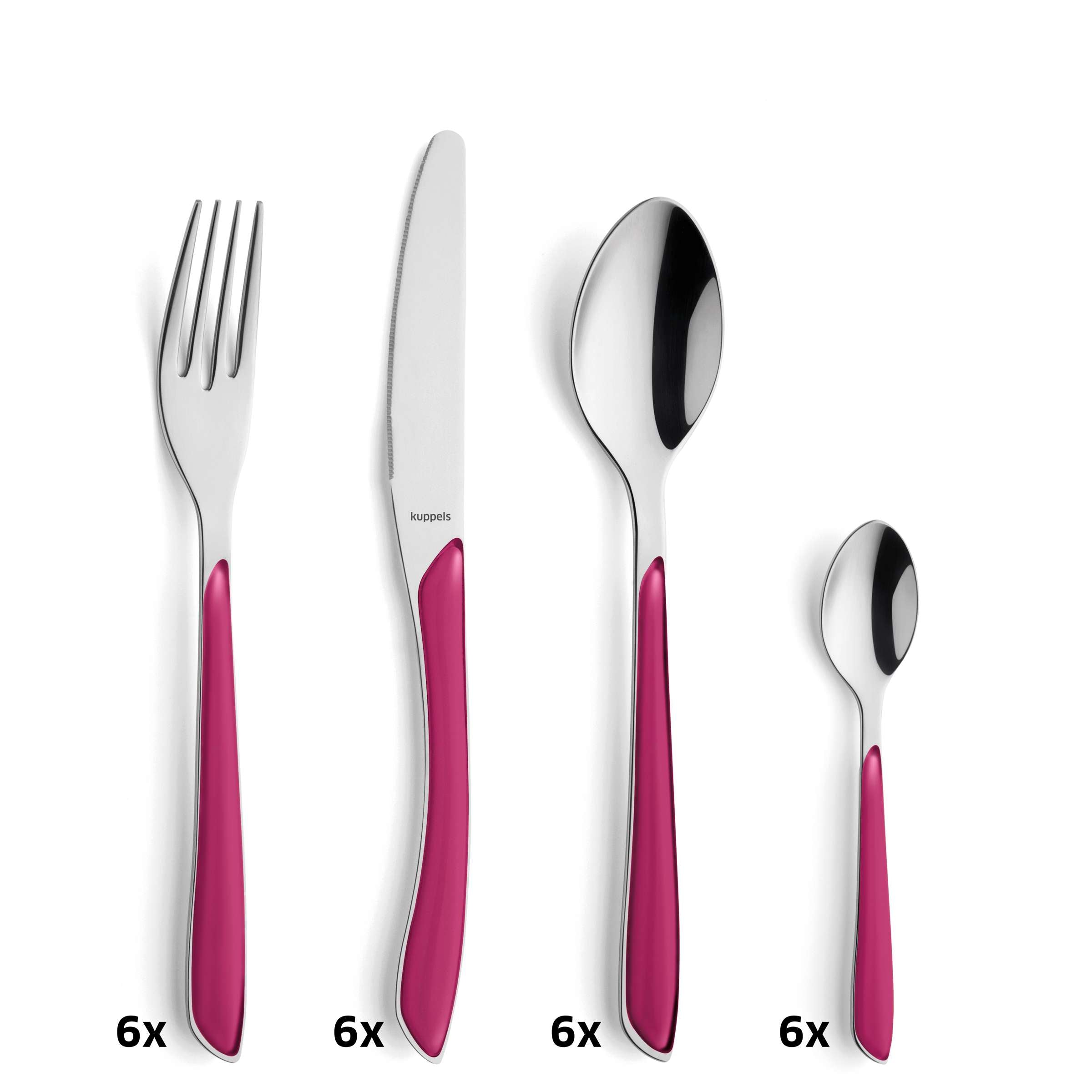 Himbeerrotes, mattiertes 24-teiliges PRISMA Besteckset von Kuppels mit Messer, Gabel, Löffel und Teelöffel auf weißem Hintergrund
