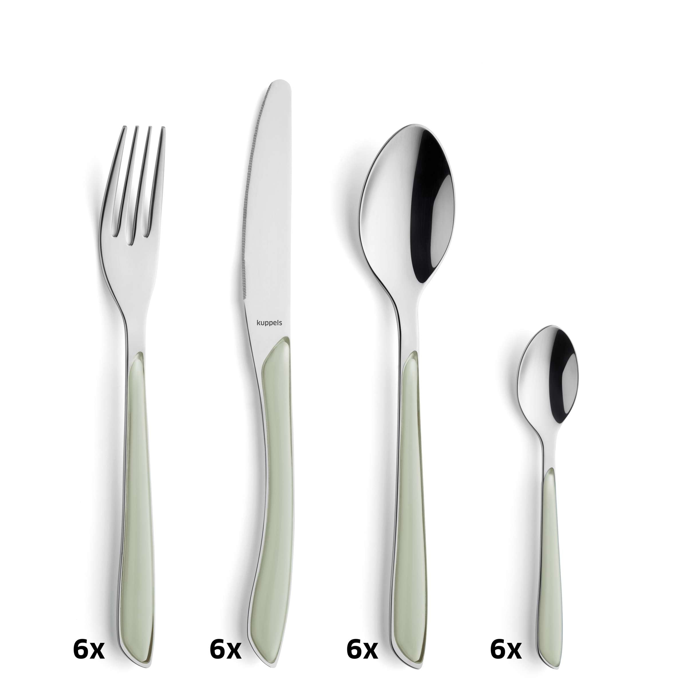 Kuppels PRISMA Besteckset 24-teilig in salbeigrün mattiert, Messer, Gabeln, Löffel auf eleganter Besteck-Tablett.