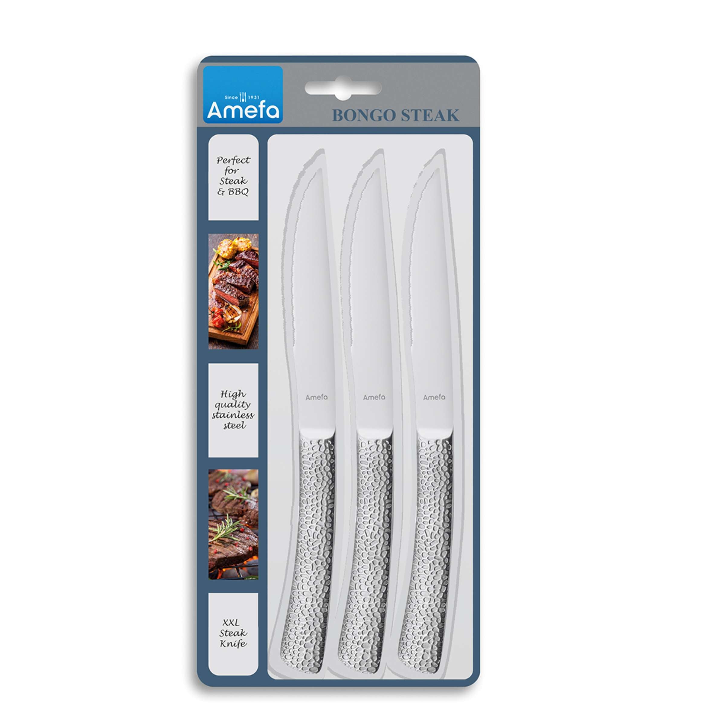 Amefa BONGO Steakmesser Set mit 3 Messer aus Edelstahl, schnitthaltige Klingen und elegantes Design, auf weißem Hintergrund.