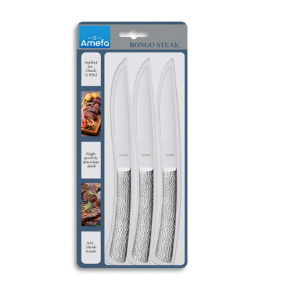 Amefa BONGO Steakmesser Set mit 3 Messer aus Edelstahl, schnitthaltige Klingen und elegantes Design, auf weißem Hintergrund.