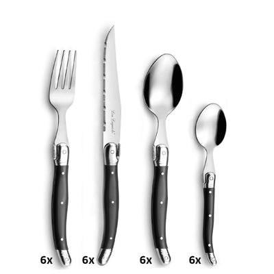 Tradition Besteckset 24-teilig von Lou Laguiole, anthrazitfarbenes Messer, Gabel, Löffel aus hochwertigem Edelstahl.