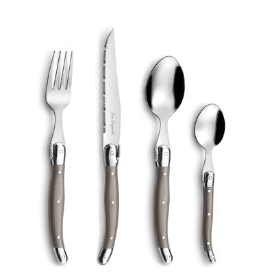Tradition Besteckset 24-teilig von Lou Laguiole, taupefarbenes Cutlery Set mit Gabeln, Messern und Löffeln, elegant und stilvoll.