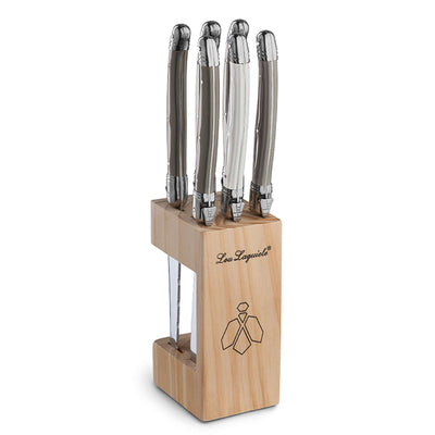 Lou Laguiole Steakmesserset im Holzblock, 6-teilig, mit Perlen, Pfeffer- und Taupe-Farben, hochwertige Cutlery für Steakgenuss
