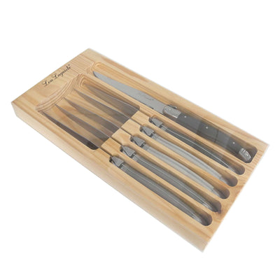 Lou Laguiole Steakmesser Set aus 6 Teilen in Perle, Pfeffer und Taupe, hochwertiges Cutlery Set mit eleganten Designs