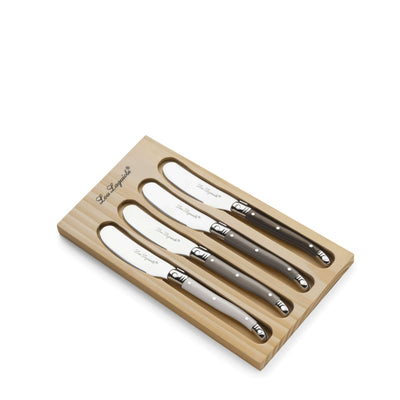 4-teiliges Lou Laguiole Butterstreicher Set in Perlmutt, Pfeffer und Taupe, elegantes Besteck für Butter und Aufstriche.