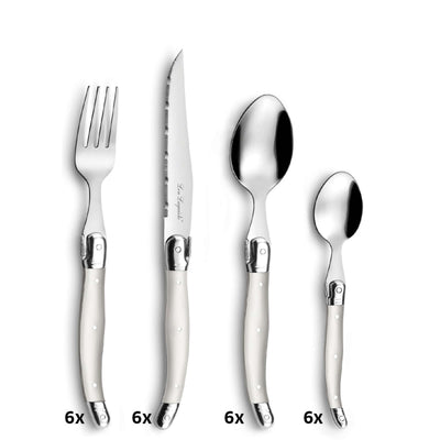 Tradition Besteckset 24-teilig von Lou Laguiole, Edelstahl mit Perlen-Design, Messer, Gabeln, Löffel für Tischgedeck.