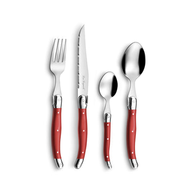 Tradition Besteckset 24-teilig von Lou Laguiole in rotem Design, zeigt Messer, Gabeln und Löffel aus Edelstahl.