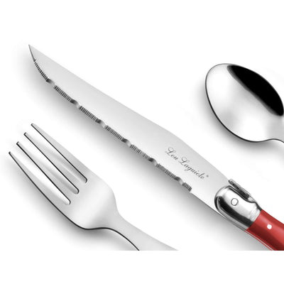 Tradition Besteckset 24-teilig von Lou Laguiole in rotem Design, inklusive Messer, Gabeln und Löffel, elegant und hochwertig gefertigt.