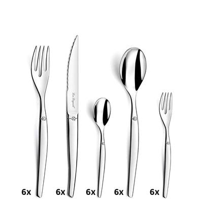 Ein 30-teiliges Lou Laguiole Besteckset, bestehend aus Messer, Gabel, Löffel und Teelöffel aus Edelstahl, elegant auf weißem Hintergrund.