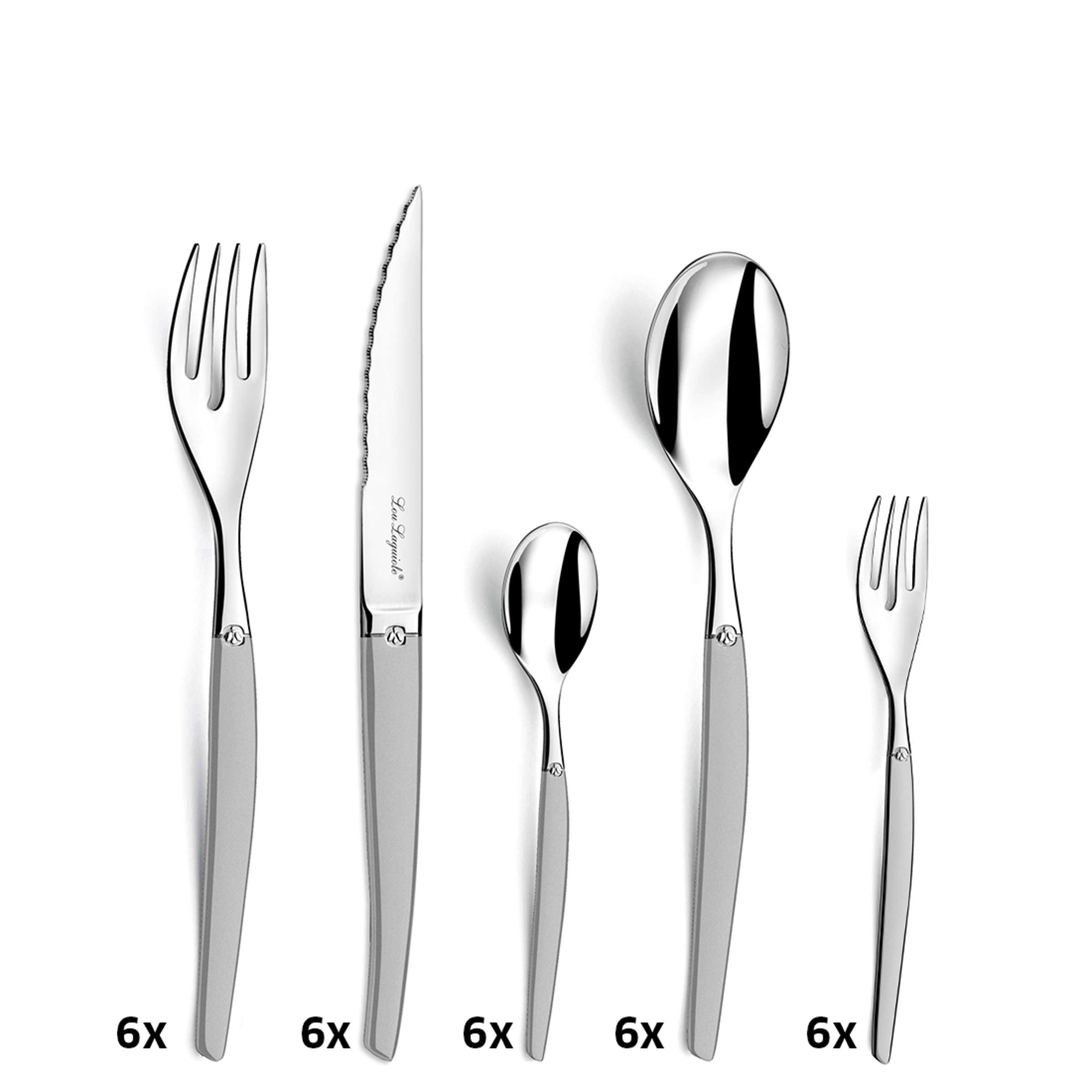 30-teiliges Lou Laguiole Besteckset JET LAG, mattierte Messer, Gabeln, Löffel aus Edelstahl, elegantes Geschirrset
