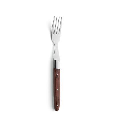 Amefa Royal Steak Besteckset mit 4 Teilen aus Holz, Messer, Gabel und Löffel auf hellem Holzuntergrund sichtbar.