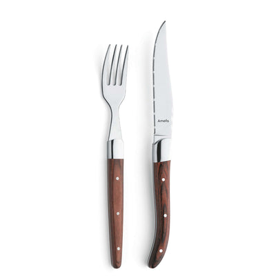 Amefa Royal Steak Besteckset aus 4 Teilen mit Holzgriff, einschließlich Messer, Gabel, Löffel und Steakgabel auf weißem Hintergrund.