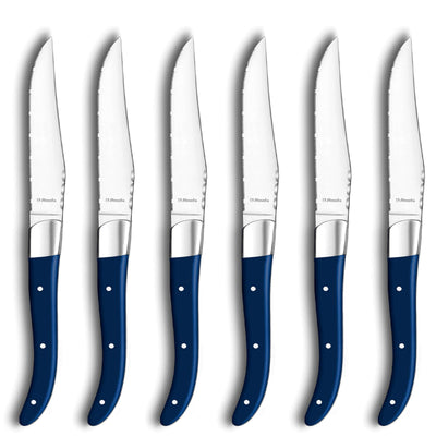 Amefa Royal Steak Messer Set mit sechs blauen Steakmessern aus Edelstahl, hochwertiges Besteck für saftiges Fleisch.
