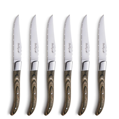 Lou Laguiole Steakmesser Set aus 6 Messern mit Holzgriffen, hochwertiges Besteck für Steak und Fleisch.