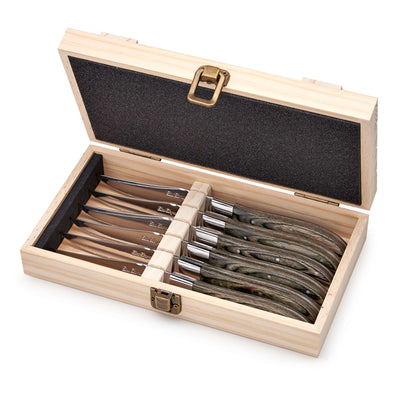 Set aus 6 Lou Laguiole Steakmessern mit Holzgriffen, hochwertiges Besteck für saftige Steaks, elegantes Küchenzubehör