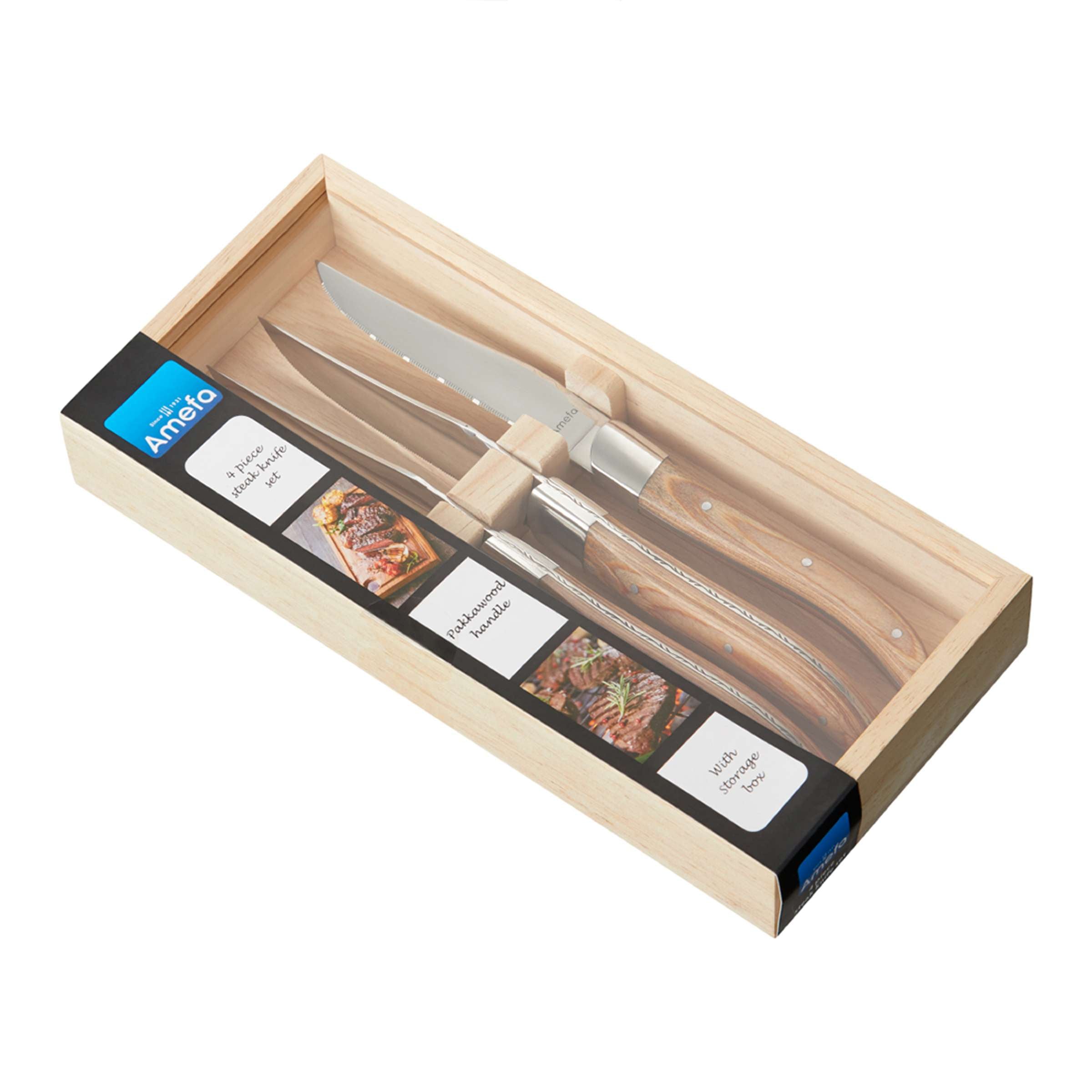 Amefa Royal Steak Messer Set mit 4 Messern aus Holzgriffen, elegante Besteckserie für Steak und Fleisch.