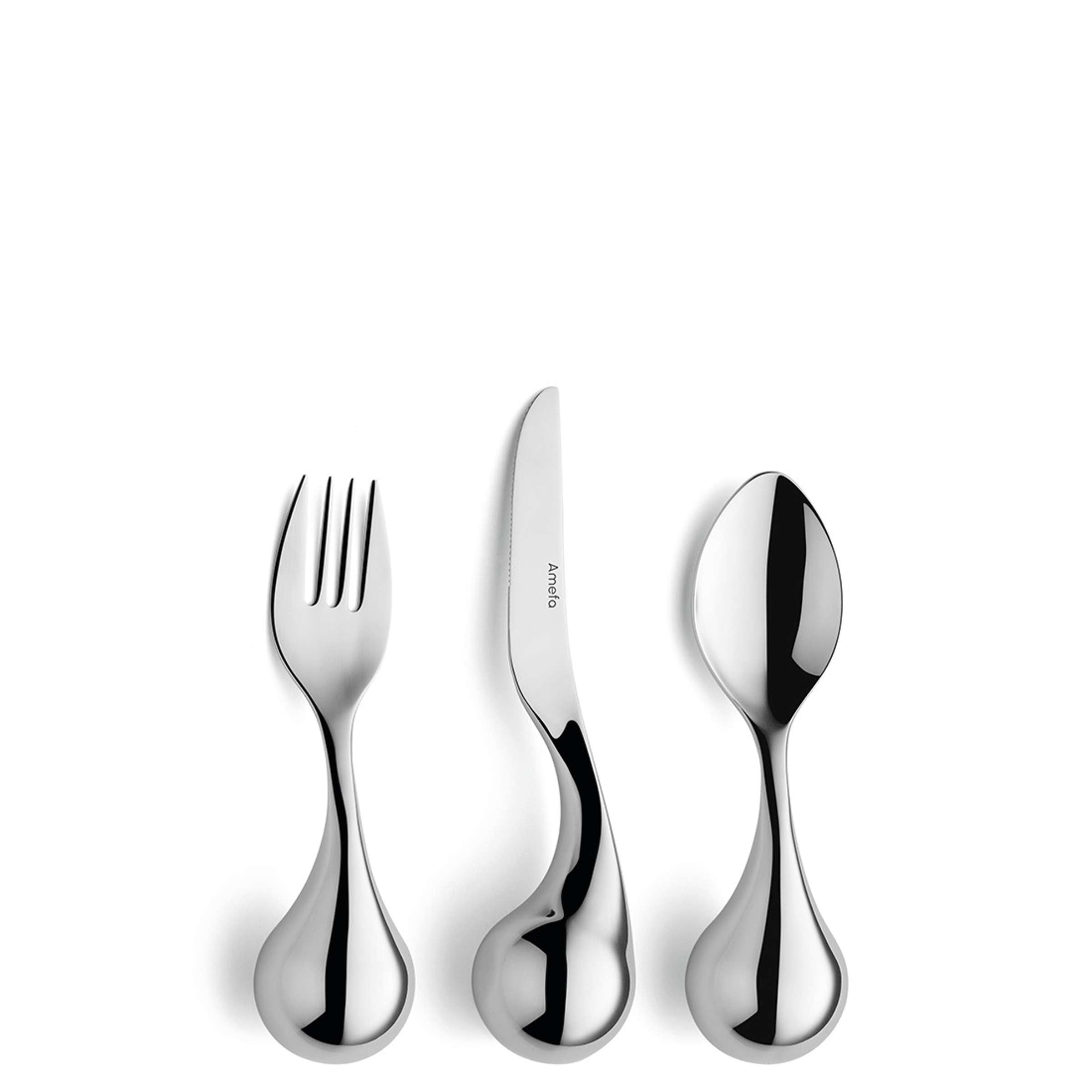 Amefa INTEGRALE Besteckset, 3-teilig, umfasst Messer, Gabel und Löffel aus Edelstahl, modernes Design, auf weißem Hintergrund.