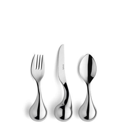 Amefa INTEGRALE Besteckset, 3-teilig, umfasst Messer, Gabel und Löffel aus Edelstahl, modernes Design, auf weißem Hintergrund.