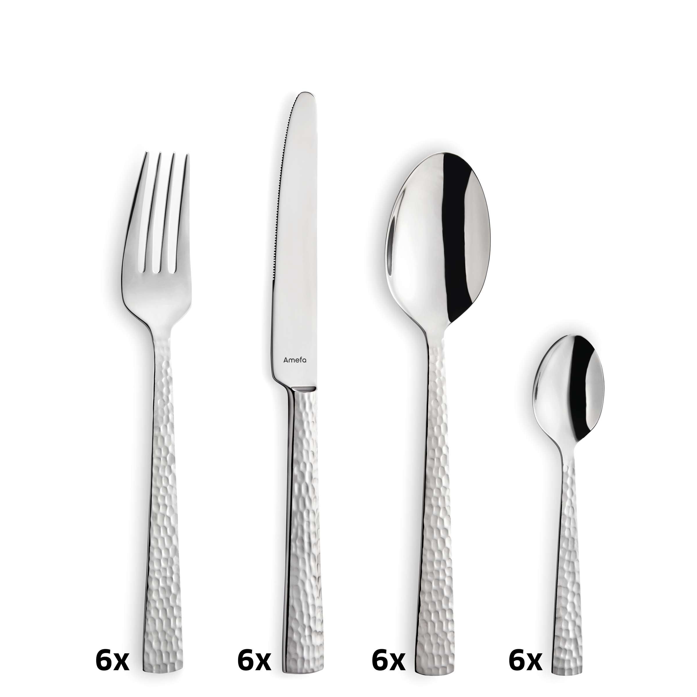 Amefa FELICITY Besteckset aus 24 Teilen mit Messer, Gabel und Löffel, glänzendem Edelstahl, elegant auf weißem Hintergrund.