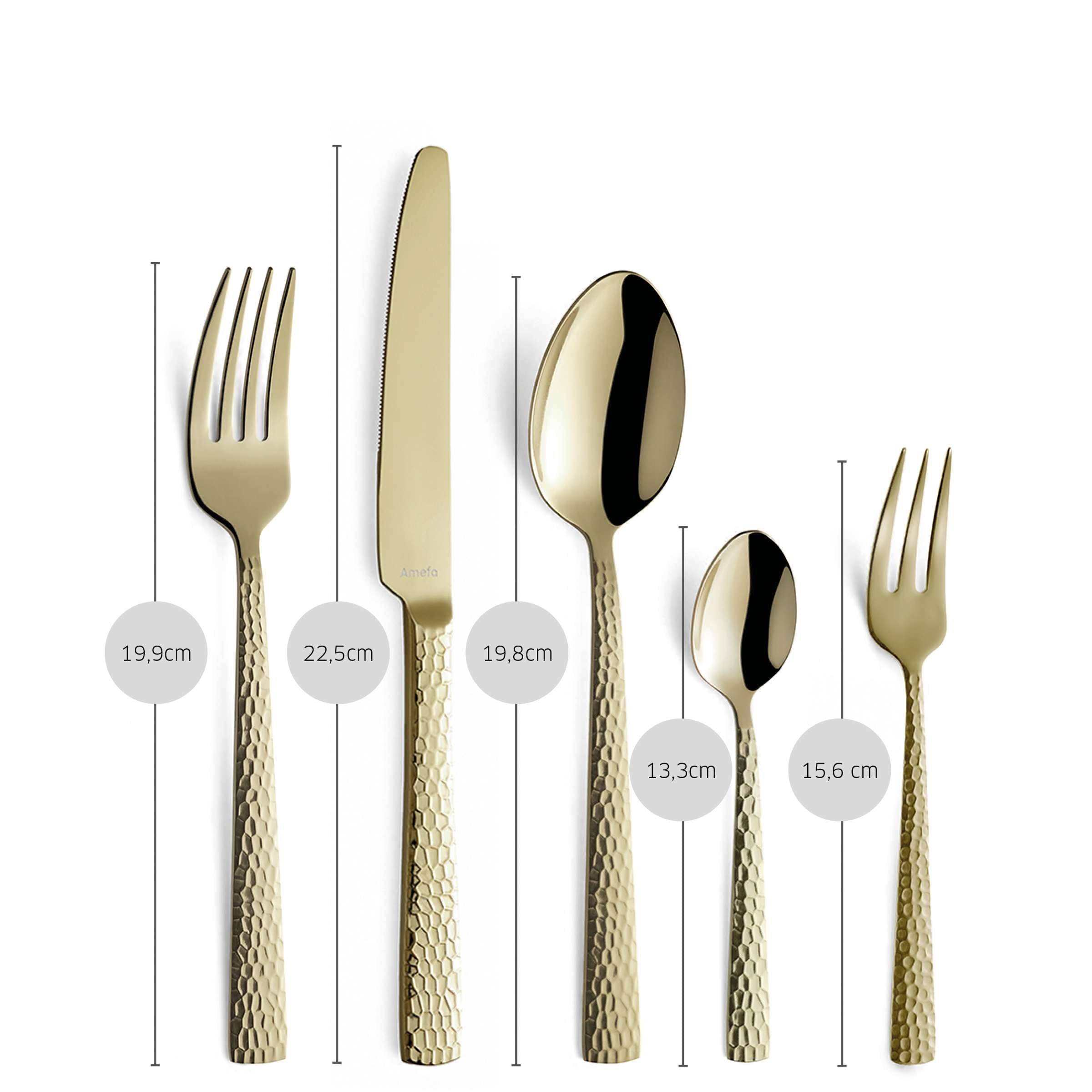 Amefa FELICITY Besteckset 30-teilig mit PVD-Champagner-Finish, Messer, Gabeln, Löffel und Teelöffel auf weißem Hintergrund