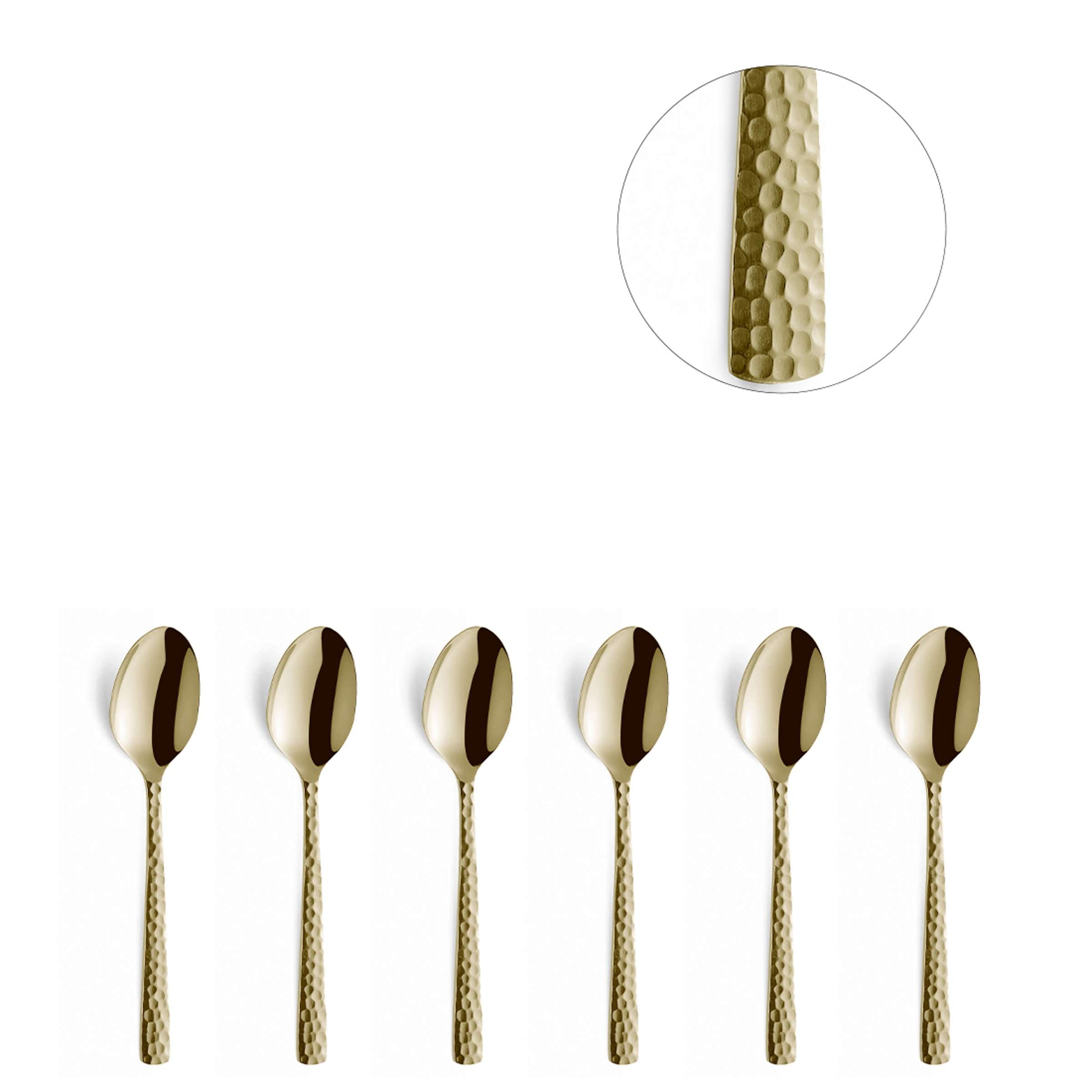 Amefa FELICITY Mocca- und Espressolöffel Set, 6-teilig, PVD champagner, elegante Besteckstücke auf einem Tisch.