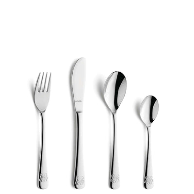 Amefa Teddy Bear Kinderbesteck-Set, 4-teilig, mit kindgerechtem Design aus Edelstahl und buntem Motiv auf den Besteckteilen.