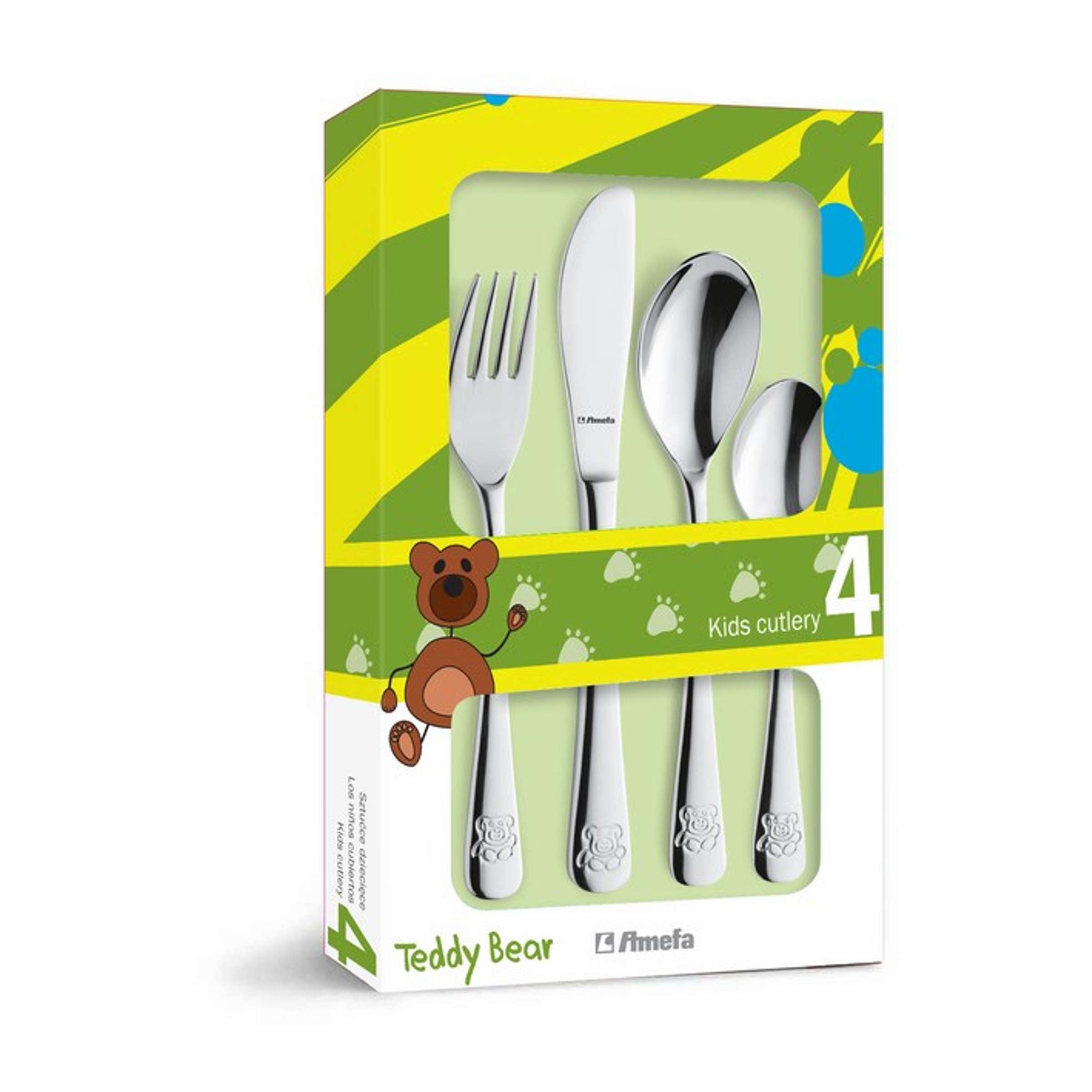 Amefa Teddy Bear Kinderbesteck-Set, 4-teilig, mit kindgerechtem Design aus Edelstahl und bunten Griffen für Kinder.