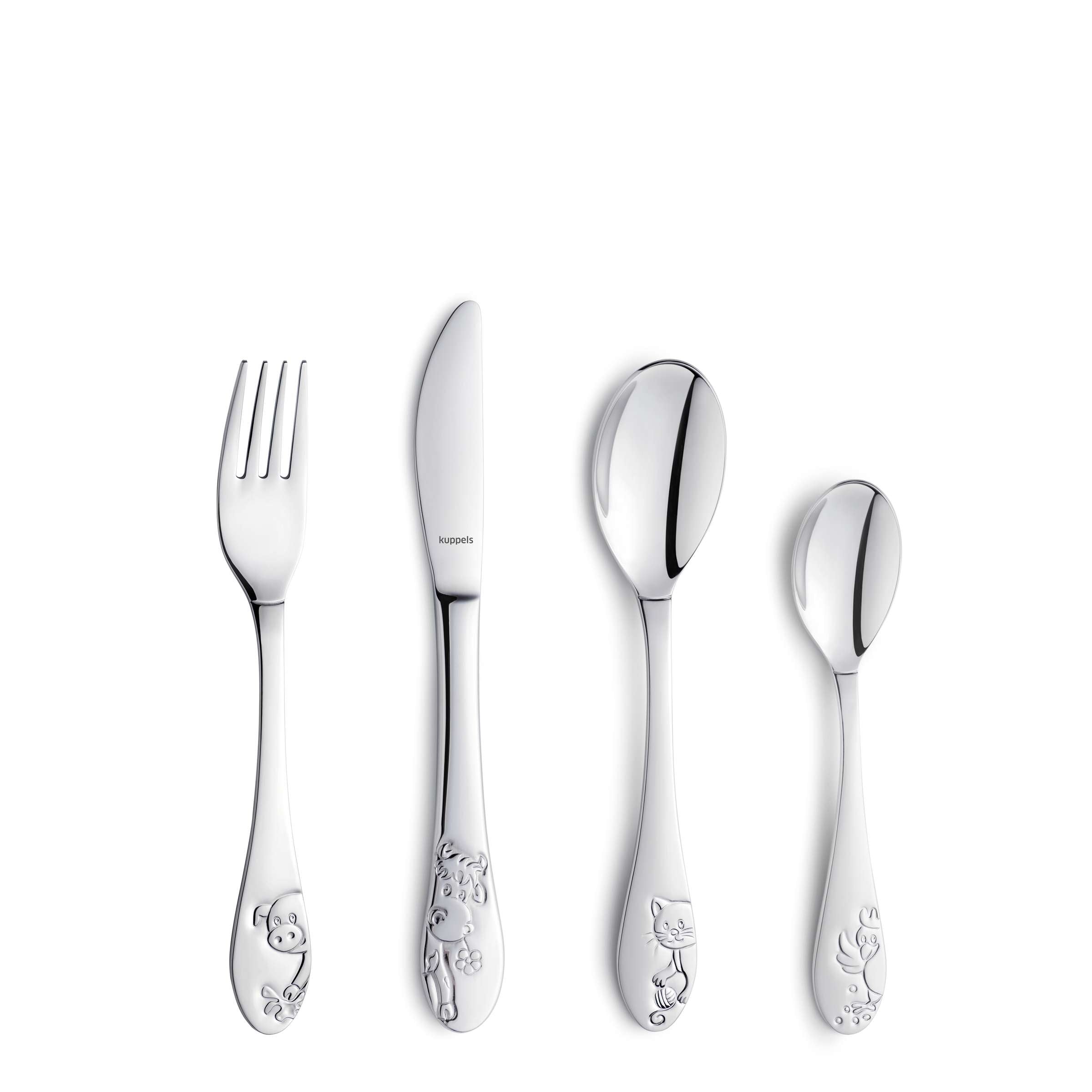 Kinderbesteck-Set von Kuppels, 4-teilig, mit kindgerechtem Design, aus Edelstahl, ideal für kleine Kinder.