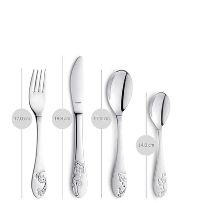 Kinderbesteck-Set von Kuppels, 4-teilig, aus Edelstahl, kindgerechtes Besteck für Kinder, inklusive Messer, Gabel, Löffel und Teelöffel.