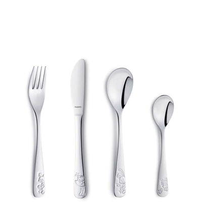 Kinderbesteck Set von Kuppels, 4-teilig, aus langlebigem Edelstahl, für Kinder, inklusive Messer, Gabel, Löffel und Teelöffel.