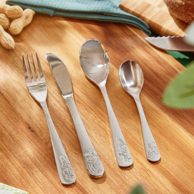 Kinderbesteck Set von Kuppels mit vier Teilen aus hochwertigem Besteck für Kinder, inklusive Löffel, Gabel, Messer und Essstäbchen