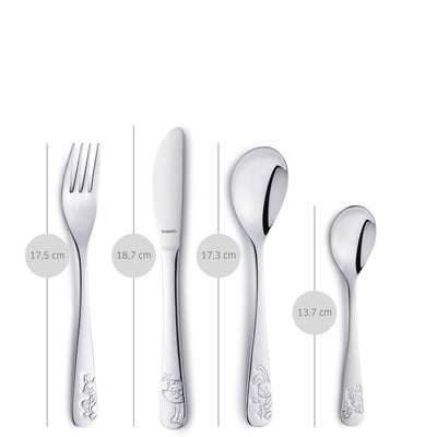 Kinderbesteck Set von Kuppels, 4-teilig, Edelstahl, mit bunten Griffen, ideal für kleine Kinder, langlebiges Kindergeschirr.