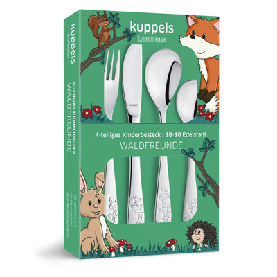 Kinderbesteck Set von Kuppels, 4-teilig, mit kindgerechtem Design, aus Edelstahl und buntem Griff, ideal für kleine Kinder.