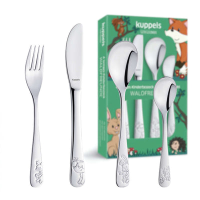 WALDFREUNDE Kinderbesteck Set 4-teilig von Kuppels, bunt gestaltetes Kindergeschirr mit Messer, Gabel und Löffel in Verpackung