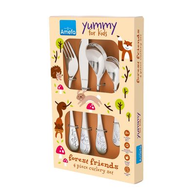 Amefa Forest Friends Kinderbesteck Set mit 4 Teilen, kindgerechtes Besteck in buntem Design, auf Verpackung liegend