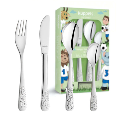 Kinderbesteck Set von Kuppels mit Fußballmotiven, 4-teilig, in Verpackung, für Kinder geeignet