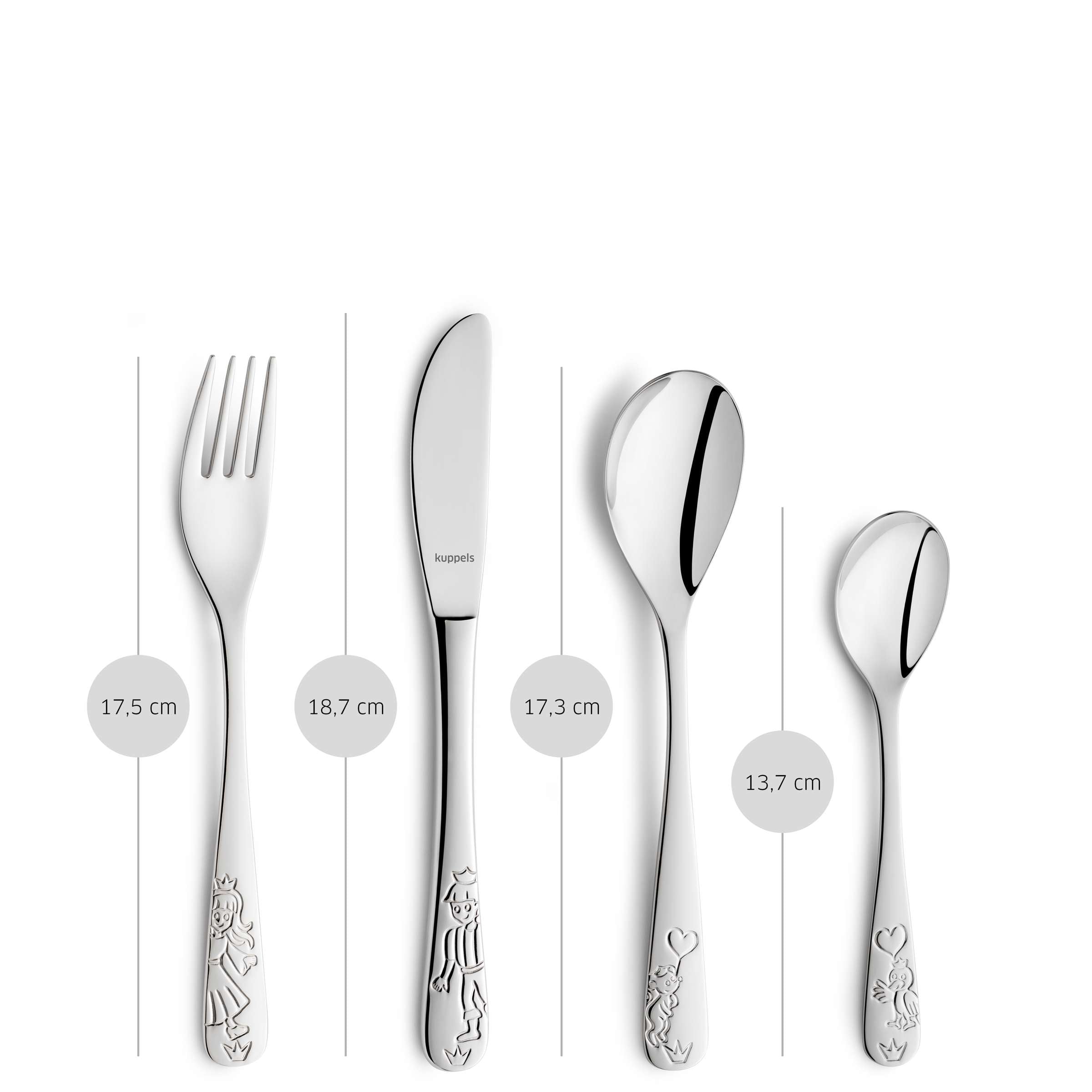 Kinderbesteck Set für Kinder, 4-teilig, von Kuppels, mit Prinzessin-Motiv, aus Edelstahl, kindgerechte Gabel, Messer, Löffel und Teelöffel