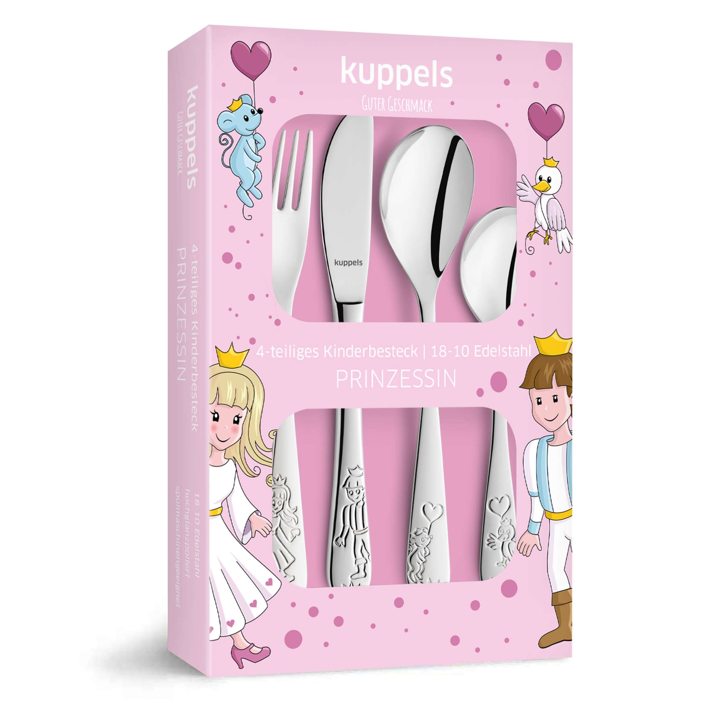 Kinderbesteck Set für Kinder, 4-teilig, mit Prinzessin-Motiv, von Kuppels, inklusive Messer, Gabel, Löffel und Teelöffel