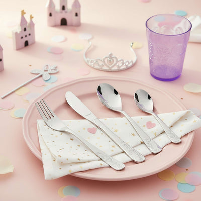 Kinderbesteck Set für Kinder, 4-teilig, von Kuppels, mit Prinzessin-Motiv aus Edelstahl, geeignet für kleine Hände.