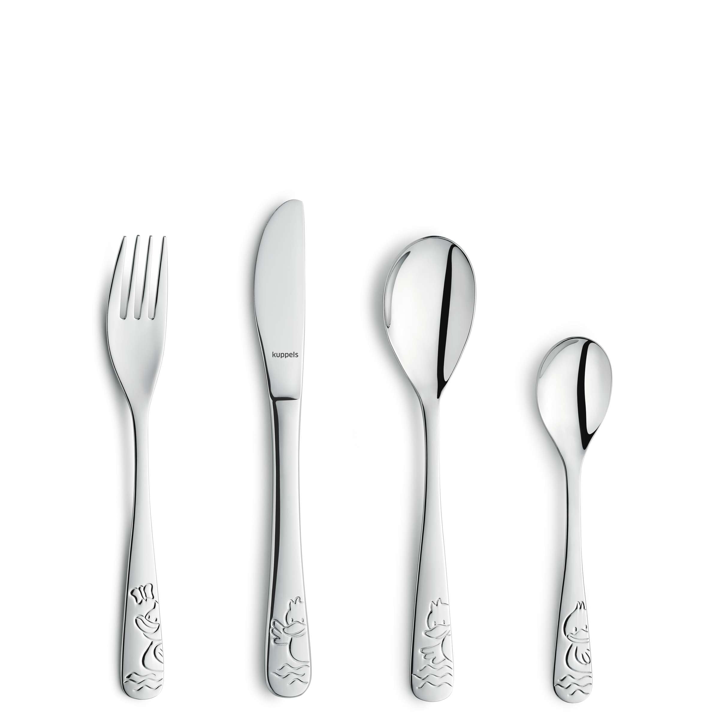 Kinderset mit vierteiligem DUCK Kinderbesteck von Kuppels, inklusive Löffel, Gabel und Messer, aus langlebigem Material