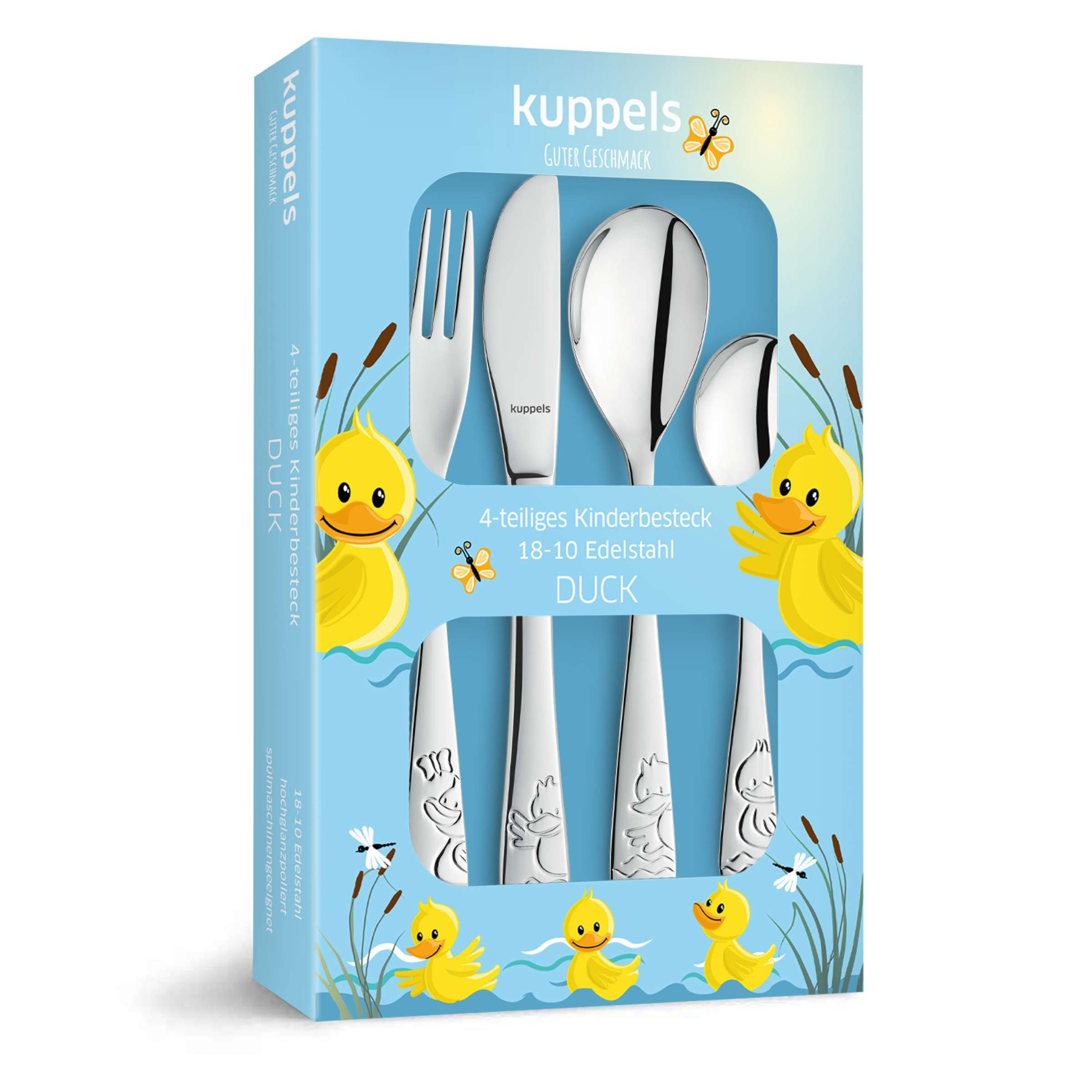 Kinderbesteck Set von Kuppels, 4-teilig, Edelstahl, kindgerechtes Design mit Löffel, Messer, Gabel und Teelöffel, kindlich und sicher.