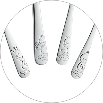 Kinderbesteck Set von Kuppels, 4-teilig, mit Duck-Motiv, inklusive Gabel, Messer, Löffel und Teelöffel, für Kinder.