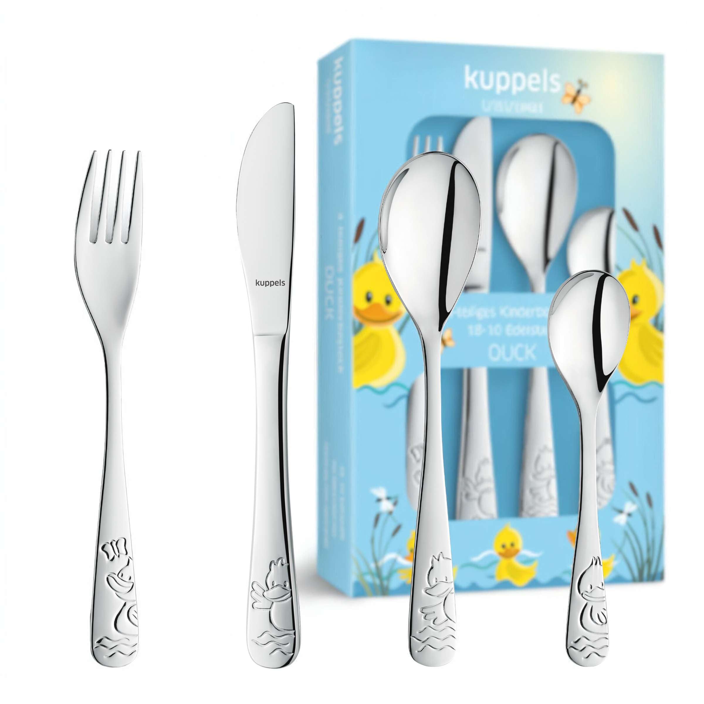 Kinderbesteck Set von Kuppels, 4-teilig, mit kindgerechtem Design, in Verpackung sichtbar, perfekt für kleine Kinder.