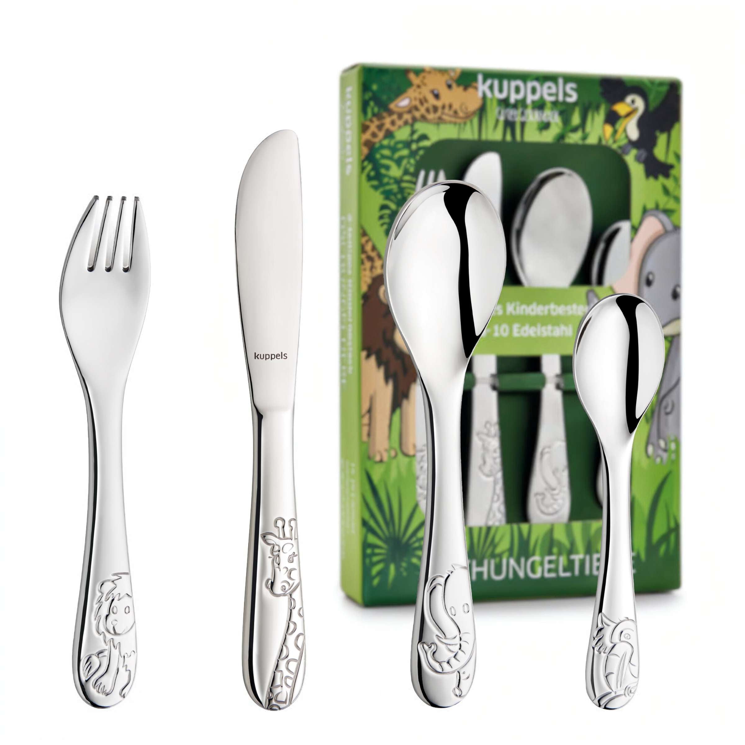 Kinderbesteck Set mit Dschungeltiere von Kuppels, 4-teilig, mit bunten Besteckstücken in Tiermotivverpackung.