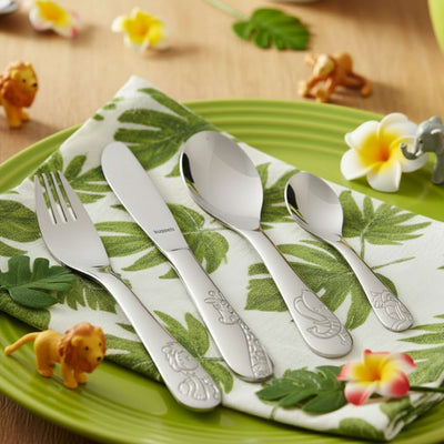 Kinderbesteck Set von Kuppels mit Dschungeltiere-Motiv, 4-teilig, kindgerechtes Besteck für Kinder, aus hochwertigem Material.