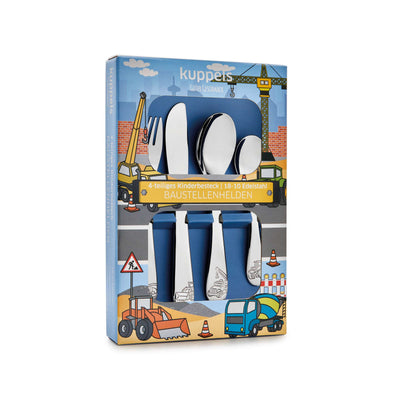 Kinderbesteck Set von Kuppels, 4-teilig, mit Baustellenhelden-Motiven, geeignet für Kinder zum Essen und Spielen.